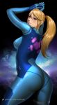  1girl arms_up ass bangs blonde_hair blue_bodysuit blue_eyes blush bodysuit breasts commentary_request english_commentary from_behind hair_between_eyes hands_up highres long_hair looking_at_viewer looking_back medium_breasts metroid mole mole_under_mouth nextoad ponytail samus_aran skin_tight solo space tied_hair zero_suit 