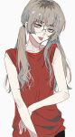  1girl :p bare_arms copyright_request ebanoniwa freckles glasses grey_hair head_tilt highres long_hair looking_at_viewer piercing red_shirt round_eyewear shirt simple_background solo tongue tongue_out tongue_piercing twintails white_background yellow_eyes 