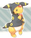 ampharos blush closed_mouth clothed_pokemon commentary_request cosplay full_body grey_eyes heart no_humans outline pokemon pokemon_(creature) pokemon_ears pokemon_tail signature smile solo standing tail tansho umbreon umbreon_(cosplay) 