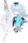  1girl blue_eyes blue_hair commentary_request dripping drugs full_body girls&#039;_frontline_neural_cloud girls_frontline gloves hair_between_eyes hat highres id_card intravenous_drip long_hair lying messy_hair no_shoes nurse_cap on_back pa-15_(girls&#039;_frontline) pill pill_bottle rai_(97417) sharp_teeth simple_background solo teeth thigh-highs white_background 