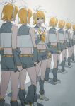  6+girls arm_warmers bandage_on_face bandages belt blonde_hair blood blood_on_face blue_eyes bow clone collar collared_shirt commentary crop_top english_commentary from_behind grey_collar grey_legwear grey_shorts hair_bow highres holding holding_knife holding_microphone indoors kagamine_rin knife leg_warmers looking_to_the_side microphone midriff multiple_girls navel parted_lips shadow shirt short_hair short_shorts shorts sleeveless sleeveless_shirt standing vocaloid white_bow white_footwear white_shirt wounds404 