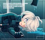  1other ahoge android axe bangs binary blood blood_on_face blue_blood blue_eyes cheer_(cheerkitty14) danganronpa_(series) danganronpa_v3:_killing_harmony from_side grey_hair holding holding_weapon keebo open_mouth outline pantyhose power_armor short_hair solo teeth upper_body upper_teeth weapon white_legwear white_outline 