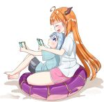  2girls ahoge amane_kanata bangs barefoot blonde_hair blunt_bangs closed_eyes dragon_girl dragon_horns dragon_tail from_side highres hololive horns hosimaru indian_style kiryu_coco long_hair multiple_girls nintendo_switch open_mouth playing_games silver_hair sitting sitting_on_lap sitting_on_person smile tail very_long_hair violet_eyes 
