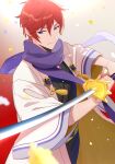  1boy absurdres blue_eyes eyebrows_visible_through_hair highres holding holding_sword holding_weapon japanese_clothes katana kumuo_(mirakurufusao) re:zero_kara_hajimeru_isekai_seikatsu redhead reinhard_van_astrea scarf short_hair smile solo sword weapon 