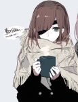  1girl black_jacket brown_hair buttons closed_mouth cup double-breasted ebanoniwa eyepatch green_eyes highres holding holding_cup jacket long_hair long_sleeves looking_at_viewer one_eye_covered original shawl simple_background solo white_background 