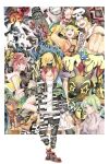  2girls 3boys absurdres animal_on_head badge bitou_daisukenojou bitou_raimu blonde_hair blue_eyes button_badge cellphone chain clenched_hand colored_pencil_(medium) foreshortening graffiti green_shorts hair_over_one_eye hat highres jewelry junko_(yasuyoyasuyo) kiryuu_yoshiya misaki_shiki mr._mew multiple_boys multiple_girls navel necklace on_head own_hands_together painting_(medium) phone pink_eyes shin_subarashiki_kono_sekai shirt shorts skullcap subarashiki_kono_sekai traditional_media violet_eyes watercolor_(medium) white_shirt wristband 