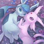  blue_bow bow closed_mouth commentary_request espeon from_above glaceon highres holding_hands kagure_(karaguren) no_humans pokemon pokemon_(creature) purple_bow sparkle toes violet_eyes 