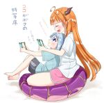  2girls ahoge amane_kanata bangs barefoot blonde_hair blunt_bangs closed_eyes dragon_girl dragon_horns dragon_tail from_side hololive horns hosimaru indian_style kiryu_coco long_hair multiple_girls nintendo_switch open_mouth playing_games silver_hair sitting sitting_on_lap sitting_on_person smile tail translated very_long_hair violet_eyes 