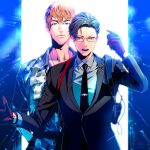  2boys black_hair black_neckwear brown_hair busujima_riou_mason camouflage camouflage_jacket formal frown glasses gloves hand_up holding holding_microphone hypnosis_mic hypnosis_mic:_rule_the_stage iruma_juuto jacket male_focus microphone multiple_boys necktie open_mouth red-framed_eyewear red_gloves standing suit vivienne9westwood walkie-talkie 