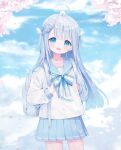  1girl :d ahoge amatsuka_uto backpack bag bangs blue_eyes blue_sailor_collar blue_skirt blue_sky blush bow clouds cloudy_sky commentary day deyui english_commentary eyebrows_visible_through_hair hair_ornament hairclip highres holding_strap indie_virtual_youtuber long_hair long_sleeves looking_at_viewer open_mouth outdoors petals pleated_skirt puffy_long_sleeves puffy_sleeves sailor_collar school_uniform serafuku shirt silver_hair skirt sky sleeves_past_wrists smile solo striped striped_bow teeth two_side_up upper_teeth very_long_hair virtual_youtuber white_shirt wing_hair_ornament 