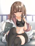  1girl absurdres bike_shorts black_legwear black_shorts black_sports_bra blush brown_eyes brown_hair collarbone eyebrows_visible_through_hair hair_between_eyes headgear highres jacket kantai_collection kasashi_(kasasi008) long_sleeves medium_hair navel open_clothes open_jacket parted_lips shorts solo sports_bra taihou_(kancolle) thigh-highs white_jacket 