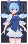  1girl absurdres blue_bow blue_dress blue_eyes blue_hair blue_vest bow breasts callmaichi character_name cirno collared_shirt dress grey_background hair_bow highres ice ice_wings medium_breasts miniskirt neck_ribbon puffy_short_sleeves puffy_sleeves red_neckwear ribbon shirt short_hair short_sleeves simple_background skirt solo thigh-highs thighs touhou vest white_legwear white_shirt white_skirt wings 