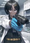  1girl aiming ammunition_pouch belt black_hair blue_eyes bottle dark_skin fbi gloves gun hair_ornament hairclip handgun highres holster id_card labcoat laboratory original pistol pouch samaru_(seiga) short_hair weapon whiteboard 