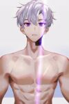  1boy abs absurdres barcode barcode_tattoo collarbone commentary grey_background highres looking_at_viewer male_focus muscular muscular_male original parted_lips pectorals purple_hair short_hair solo sweat tattoo topless_male upper_body very_short_hair violet_eyes wet wet_hair yoru_(yowuyoru) 