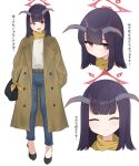  1girl alternate_costume black_footwear black_hair blue_archive blue_pants blush brown_coat closed_mouth coat demon_horns denim fuuka_(blue_archive) hands_in_pockets highres horns hrna long_hair long_sleeves multiple_views open_clothes open_coat open_mouth pants red_eyes scarf shirt shoes simple_background smile white_background white_shirt yellow_scarf 