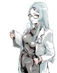 1girl belt character_request clipboard coat commentary cowboy_shot girls_frontline glasses green_eyes grey_hair hair_ornament hairclip highres holding holding_clipboard id_card labcoat long_hair looking_at_viewer osakana_(denpa_yun&#039;yun) pants ribbed_sweater simple_background solo sweater symbol-only_commentary watch watch white_background white_coat 