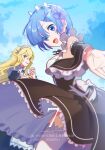  2girls :d bare_shoulders blonde_hair blue_hair detached_sleeves dress eyes_visible_through_hair frederica_baumann frilled_dress frilled_sleeves frills hair_ornament hairclip highres kumuo_(mirakurufusao) long_hair maid maid_headdress multiple_girls open_mouth re:zero_kara_hajimeru_isekai_seikatsu rem_(re:zero) roswaal_mansion_maid_uniform short_hair smile 