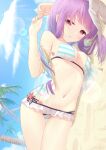  1girl absurdres animal_ears beach bikini breasts extra_ears eyebrows_visible_through_hair fang highres light_purple_hair long_hair looking_at_viewer lying medium_breasts ocean on_side outdoors palm_leaf palm_tree palms purple_hair rabbit_ears rabbit_girl raimeso235 red_eyes reisen_udongein_inaba sand see-through solo striped striped_bikini swimsuit touhou tree 