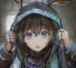  1girl adjusting_hood amiya_(arknights) animal_ears arknights ascot black_coat blue_eyes blue_neckwear brown_hair coat collar commentary ears_through_headwear english_commentary frilled_collar frills hair_between_eyes highres hood hood_up hooded_coat jewelry long_hair looking_at_viewer multiple_rings neck_ring open_mouth portrait rabbit_ears rain ring solo yeej_(yeejchan) 