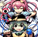  2girls bangs black_eyes black_hairband black_headwear blood blood_drip blood_from_mouth blue_shirt drooling english_commentary eyeball eyebrows_visible_through_hair frilled_shirt_collar frilled_sleeves frills green_eyes green_hair hair_ornament hairband hat hat_ribbon heart heart_hair_ornament heart_of_string heran_hei_mao holding holding_knife knife komeiji_koishi komeiji_satori long_sleeves multiple_girls one_eye_closed pink_eyes pink_hair ribbon shirt short_hair siblings sisters solid_circle_eyes third_eye tongue tongue_out touhou wide_sleeves yellow_ribbon 