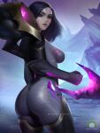  1girl ass back black_hair black_lips bodysuit boots breasts clenched_hand closed_mouth commentary english_commentary facial_mark kai&#039;sa large_breasts league_of_legends lipstick looking_at_viewer looking_back makeup nextoad pale_skin patreon_username solo standing thigh-highs thigh_boots violet_eyes watermark 