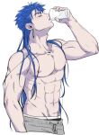  1boy abs adam&#039;s_apple alternate_hairstyle biceps blue_hair chxusil closed_eyes collarbone cu_chulainn_(fate) cu_chulainn_(fate/stay_night) cup drawstring drinking drinking_glass earrings fate/stay_night fate_(series) groin hair_down holding holding_cup jewelry korean_commentary long_hair male_focus muscular muscular_male navel nipples pectorals simple_background solo spiky_hair topless_male water white_background 