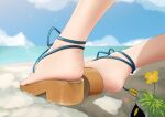  1girl absurdres arknights beach blue_sky brown_footwear chinese_commentary commentary_request crab day feet flower heart highres horizon metal_crab_(arknights) motion_lines ocean official_alternate_costume outdoors sandals skadi_(arknights) skadi_the_corrupting_heart_(arknights) sky solo_focus vamjulian yellow_flower 