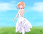  1girl :d ^_^ backless_dress backless_outfit bangs bare_arms bare_shoulders blue_sky blush closed_eyes clouds commentary day dress eyebrows_behind_hair facing_viewer feet_out_of_frame from_behind go-toubun_no_hanayome green_ribbon highres kujou_karasuma nakano_yotsuba open_mouth orange_hair outdoors pleated_dress ribbon signature sky smile solo symbol-only_commentary thigh-highs white_dress white_legwear 