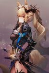  1girl absurdres animal_ears arknights armor armored_dress ascot black_dress black_legwear blemishine_(arknights) blemishine_(moon_catastrborn)_(arknights) blonde_hair breasts closed_mouth cowboy_shot crown dress finger_to_mouth from_side gauntlets gradient gradient_background highres horse_ears horse_girl horse_tail index_finger_raised light_particles long_hair looking_at_viewer looking_to_the_side medium_breasts official_alternate_costume pelvic_curtain ponytail profile red_eyes sheath sheathed shiro_kanae shushing sideways_glance skull smile solo sword tail thigh-highs very_long_hair weapon white_neckwear 