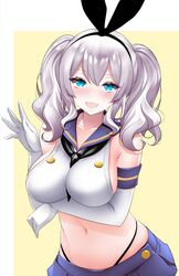  1girl black_panties blue_eyes blue_skirt breasts cosplay crop_top elbow_gloves gloves hairband highleg highleg_panties highres kantai_collection kashima_(kancolle) kirigakure_(kirigakure_tantei_jimusho) large_breasts microskirt navel panties sailor_collar shimakaze_(kancolle) shimakaze_(kancolle)_(cosplay) sidelocks silver_hair skirt solo thong twintails underwear wavy_hair white_gloves 