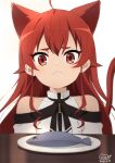  1girl :&lt; absurdres ahoge animal_ears bangs bare_shoulders cat_ears cat_tail closed_mouth collarbone commentary_request dated drooling eris_greyrat fish hair_intakes highres long_hair looking_at_viewer mushoku_tensei neki_(wakiko) plate red_eyes redhead saliva shiny shiny_hair simple_background solo table tail tail_raised upper_body 