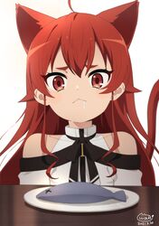  1girl :&lt; absurdres ahoge animal_ears bangs bare_shoulders cat_ears cat_tail closed_mouth collarbone commentary_request dated drooling eris_greyrat fish hair_intakes highres long_hair looking_at_viewer mushoku_tensei neki_(wakiko) plate red_eyes redhead saliva shiny shiny_hair simple_background solo table tail tail_raised upper_body 