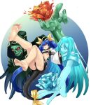  1boy 2girls :o angel_wings ass asymmetrical_wings bare_shoulders barefoot blue_hair breasts choker dizzy_(guilty_gear) eiji_(eiji) feet flower greek_toe guilty_gear guilty_gear_x guilty_gear_xx hair_ribbon hair_rings highres long_hair monster_girl mother&#039;s_day multiple_girls necro_(guilty_gear) open_mouth red_eyes ribbon simple_background soles tail tail_ornament tail_ribbon toes twintails under_boob undine_(guilty_gear) wide_sleeves wings yellow_ribbon 