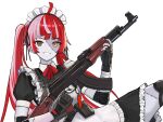  1girl absurdres ahoge ak-47 alternate_costume alternate_hairstyle apron assault_rifle bangs black_dress black_nails colored_skin dress enmaided fingernails grey_skin grin gun heterochromia highres holding holding_gun holding_weapon hololive hololive_indonesia kalashnikov_rifle knee_pads kureiji_ollie long_fingernails looking_at_viewer maid maid_apron maid_headdress multicolored multicolored_hair multicolored_skin muramasa_dash patchwork_skin pink_hair red_eyes redhead rifle sharp_fingernails simple_background sitting smile solo stitched_arm stitched_face stitched_leg stitches two-tone_hair two-tone_skin virtual_youtuber weapon white_background white_skin yellow_eyes zombie 