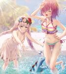  2girls absurdres anastasia_(fate) anastasia_(swimsuit_archer)_(fate) bangs beach bikini blue_eyes blue_flower blurry blurry_background blush braid breasts closed_eyes collarbone commentary_request dinosaur dress dress_swimsuit eyebrows_visible_through_hair fate/grand_order fate_(series) fingernails flower flower_wreath grin hair_between_eyes hair_flower hair_ornament hair_over_one_eye head_wreath highres in_water long_hair mash_kyrielight mash_kyrielight_(swimsuit_of_perpetual_summer_ver.02) medium_breasts multicolored multicolored_bikini multicolored_clothes multicolored_swimsuit multiple_girls navel open_mouth outdoors pink_hair red_flower sand see-through short_hair smile splashing ste-kun_(fate) stegosaurus striped striped_bikini striped_swimsuit sunlight swimsuit teeth tongue twin_braids water white_dress white_flower white_hair white_swimsuit yumesaki_takeshi 