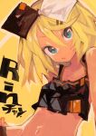  1girl absurdres arm_support bangs bare_shoulders black_shirt blonde_hair blue_eyes bow crop_top eyebrows_visible_through_hair hair_between_eyes hair_bow hair_ornament hairclip hand_on_hip highres kaamin_(mariarose753) kagamine_rin looking_at_viewer medium_hair navel open_mouth parted_lips shirt solo tsurime upper_body vocaloid yellow_background 