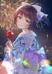  1girl :d back_bow bangs blush bow brown_hair candy_apple commentary_request crying crying_with_eyes_open eyebrows_visible_through_hair fireworks floral_print flower food green_eyes hair_bow hair_flower hair_ornament happy_tears haru_(hiyori-kohal) highres holding holding_food japanese_clothes kimono long_sleeves night night_sky original outdoors parted_lips ponytail print_kimono purple_bow purple_flower short_hair short_ponytail sky smile solo sparkle tears upper_body white_bow white_kimono wide_sleeves 