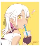  1girl :o ? artist_name bangs bare_shoulders black_gloves braid carole_peppers dark-skinned_female dark_skin drinking_straw earrings face fingerless_gloves gloves highres holding honkai_(series) honkai_impact_3rd jewelry looking_at_viewer milk_tea open_mouth piezhongyanshu shirt short_hair signature simple_background solo white_hair white_shirt yellow_background yellow_eyes 