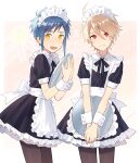  2boys apron bangs black_legwear black_neckwear blonde_hair blue_hair blush closed_eyes crossdressing dress ear_piercing frilled_dress frills hair_between_eyes heart highres holding holding_tray maid maid_day maid_headdress male_focus mars_symbol multiple_boys neck_ribbon open_mouth original pantyhose piercing pillow_(nutsfool) red_eyes ribbon short_sleeves sweat tray white_apron wrist_cuffs yellow_eyes 