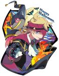  1boy ascot banette blonde_hair blue_eyes buttons cape closed_mouth commentary_request gloves happy_halloween headband highres long_sleeves male_focus mega_banette mega_pokemon mitsu_(mitu_328) morty_(pokemon) official_alternate_costume pikachu pokemon pokemon_(creature) pokemon_(game) pokemon_masters_ex pumpkin purple_headband short_hair signature silk smile spider_web tongue tongue_out white_neckwear zubat 