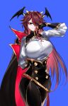  1girl absurdres blood blood_on_clothes blood_on_face blue_background breasts cape casul clawed_gauntlets gauntlets genshin_impact hair_over_one_eye head_wings highres large_breasts looking_at_viewer multicolored_hair over_shoulder purple_hair red_eyes rosaria_(genshin_impact) simple_background solo streaked_hair two-tone_cape 
