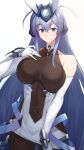  1girl :3 absurdres ass_visible_through_thighs azur_lane bangs bare_shoulders blue_eyes blue_hair bodystocking bodysuit breasts closed_mouth commentary covered_collarbone covered_navel cowboy_shot dress elbow_gloves eyebrows_visible_through_hair gloves hair_between_eyes hair_intakes hand_on_own_chest headgear highres impossible_bodysuit impossible_clothes large_breasts long_hair looking_at_viewer new_jersey_(azur_lane) raitho side_cutout sidelocks signature simple_background smile solo standing vambraces very_long_hair white_background white_dress white_gloves 
