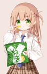  1girl :t bag bag_of_chips bangs blue_neckwear blush braid brown_background brown_hair brown_skirt chips closed_mouth collared_shirt eating eyebrows_visible_through_hair food green_eyes hair_between_eyes hair_ornament hairclip holding holding_bag holding_food long_hair long_sleeves looking_at_viewer one_side_up original plaid plaid_skirt pleated_skirt potato_chips puffy_long_sleeves puffy_sleeves shirt simple_background skirt sleeves_past_wrists solo white_shirt yuuhagi_(amaretto-no-natsu) 