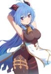  1girl absurdres ahoge arm_over_head armpits arms_up bangs bell black_legwear blue_hair breasts curled_horns dunggeul_dunggeul eyebrows_visible_through_hair ganyu_(genshin_impact) genshin_impact gold_trim highres horns large_breasts leotard leotard_under_clothes long_hair neck_bell sidelocks sleeveless solo thighlet thighs very_long_hair violet_eyes white_background 
