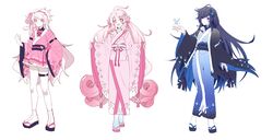  3girls :d absurdres ahoge alternate_costume bangs black_flower black_hair black_jacket black_sash blue_eyes blue_flower blue_kimono blue_legwear bow bug butterfly closed_mouth dual_persona elsword eternity_winner_(elsword) floral_print flower gradient gradient_background hair_bow hair_bun hair_flower hair_ornament hair_ribbon hairband haori highres jacket japanese_clothes kimono laby_(elsword) long_hair long_sleeves looking_at_viewer multiple_girls nisha_(elsword) nisha_labyrinth_(elsword) obijime okobo pink_bow pink_eyes pink_flower pink_hair pink_hairband pink_kimono pink_ribbon pohao radiant_soul_(elsword) ribbon sandals sash sharp_teeth short_kimono sidelocks smile socks tabi teeth thigh_strap twintails very_long_hair white_hair white_legwear wide_sleeves yukata 