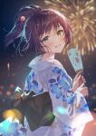  1girl :d back_bow bangs blush bow brown_hair candy_apple commentary_request crying crying_with_eyes_open eyebrows_visible_through_hair fireworks floral_print flower food green_eyes hair_bow hair_flower hair_ornament happy_tears haru_(hiyori-kohal) highres holding holding_food japanese_clothes kimono long_sleeves night night_sky original outdoors parted_lips ponytail print_kimono purple_bow purple_flower short_hair short_ponytail sky smile solo sparkle tears upper_body white_bow white_kimono wide_sleeves 