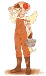  1girl animal_on_head bird bird_on_head bird_tail bird_wings blonde_hair boots brown_footwear bucket caramelized_tomatoes carrying chick chicken dirt dirty dirty_clothes feathered_wings highres niwatari_kutaka on_head orange_overalls overalls shirt simple_background solo t-shirt tail tail_feathers touhou white_background wings yellow_wings 