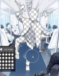  1boy absurdres commentary_request faceless fake_transparency highres holding holding_phone looking_at_phone original pants phone short_hair sitting train_interior translation_request utsusemi_rari window_(computing) 