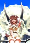  1girl :d animal_ears ark_survival_evolved belt belt_collar blue_sky braid brown_belt collar cowboy_shot day dog_ears dog_tail fangs highres inugami_korone jacket long_hair looking_at_viewer outdoors railing sabaku_chitai shorts sky smile solo standing tail triceratops twin_braids v wristband yellow_jacket yellow_shorts 