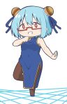  1girl bare_arms bare_shoulders blue_dress blue_hair blue_ribbon brown_legwear chibi china_dress chinese_clothes commentary_request double_bun dress hair_between_eyes hair_ribbon hamburger-chan_(hundredburger) masaki_itsuki original red-framed_eyewear red_eyes ribbon semi-rimless_eyewear shiny shiny_hair short_hair sleeveless sleeveless_dress solo under-rim_eyewear white_background 